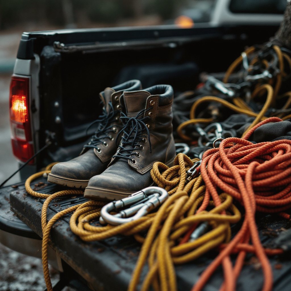 Climbing ropes and rigging gear staged on a tailgate at dawn