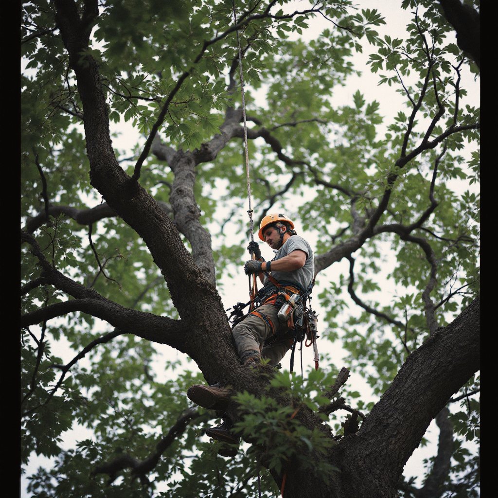 Climber working a rope high in a mature canopy