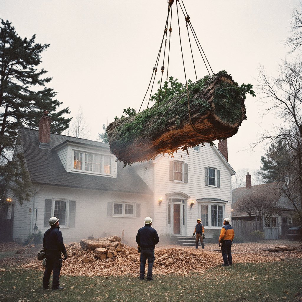 Tree section being lowered on ropes past a two-story roofline