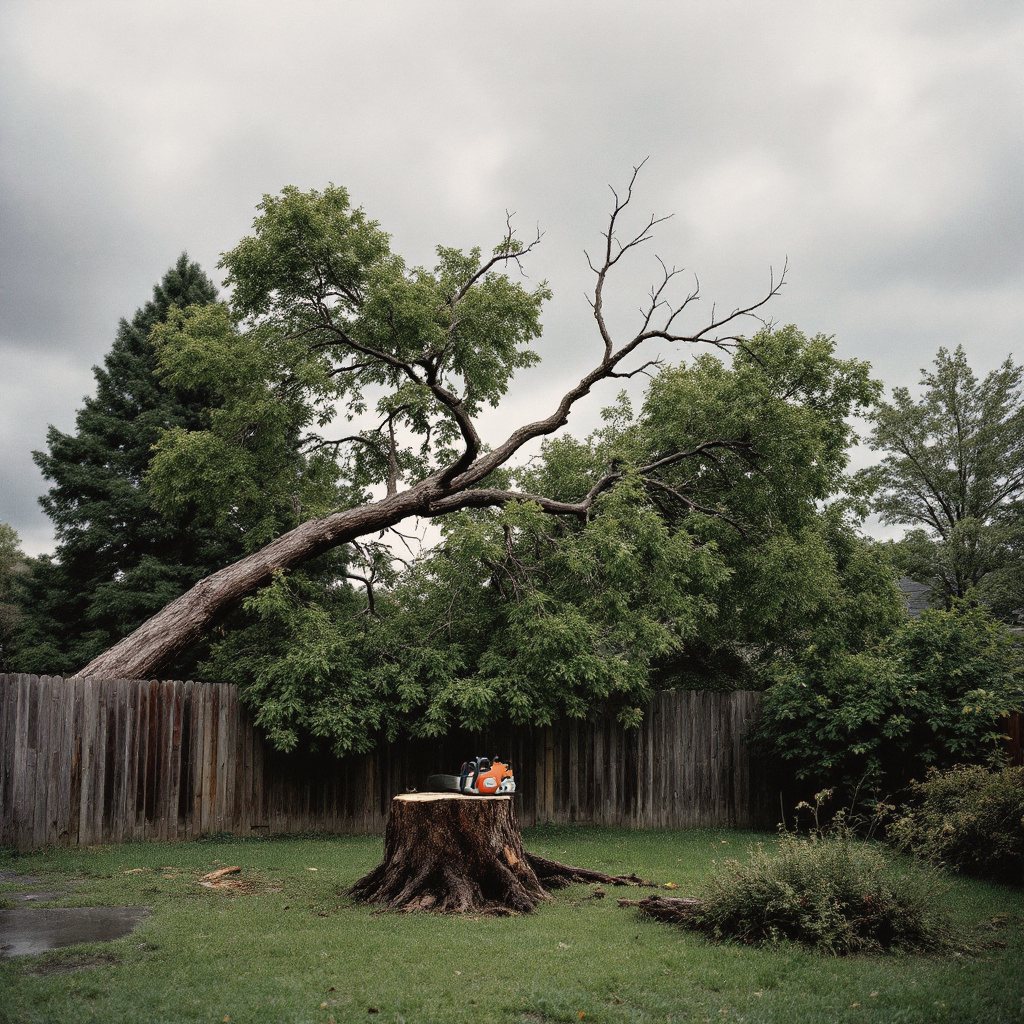 A failed maple stem resting on a fence line after a storm