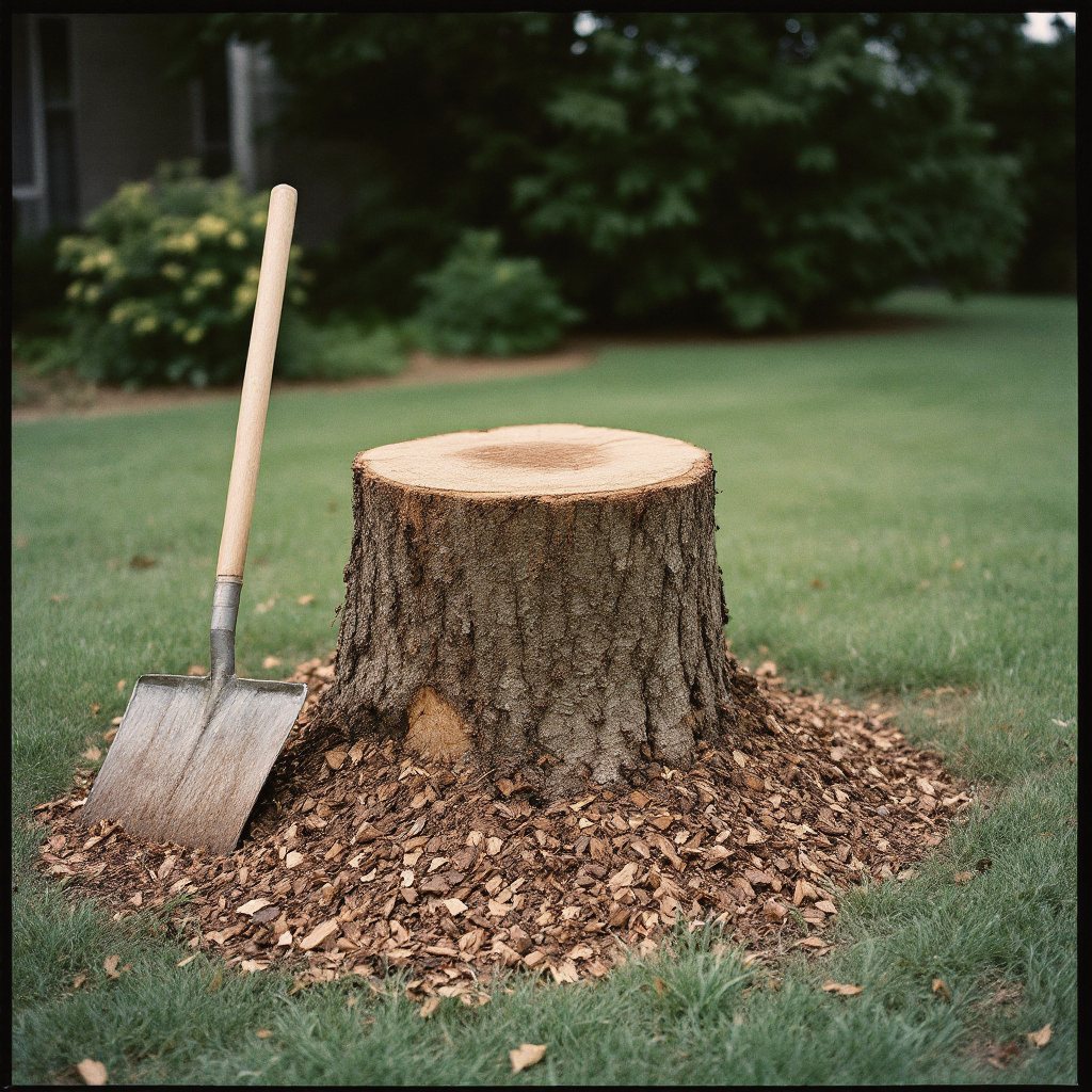 A stump ground below grade into a mound of fresh chips